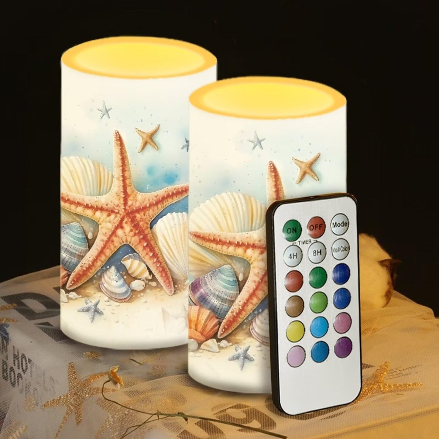 NETILGEN Flameless Candles LED Battery Operated Candles with Realistic Set of 2 with 18 Key Remote Control Timer Pillar Candle for Coastal Home Decoration, Starfish Seashell Retro