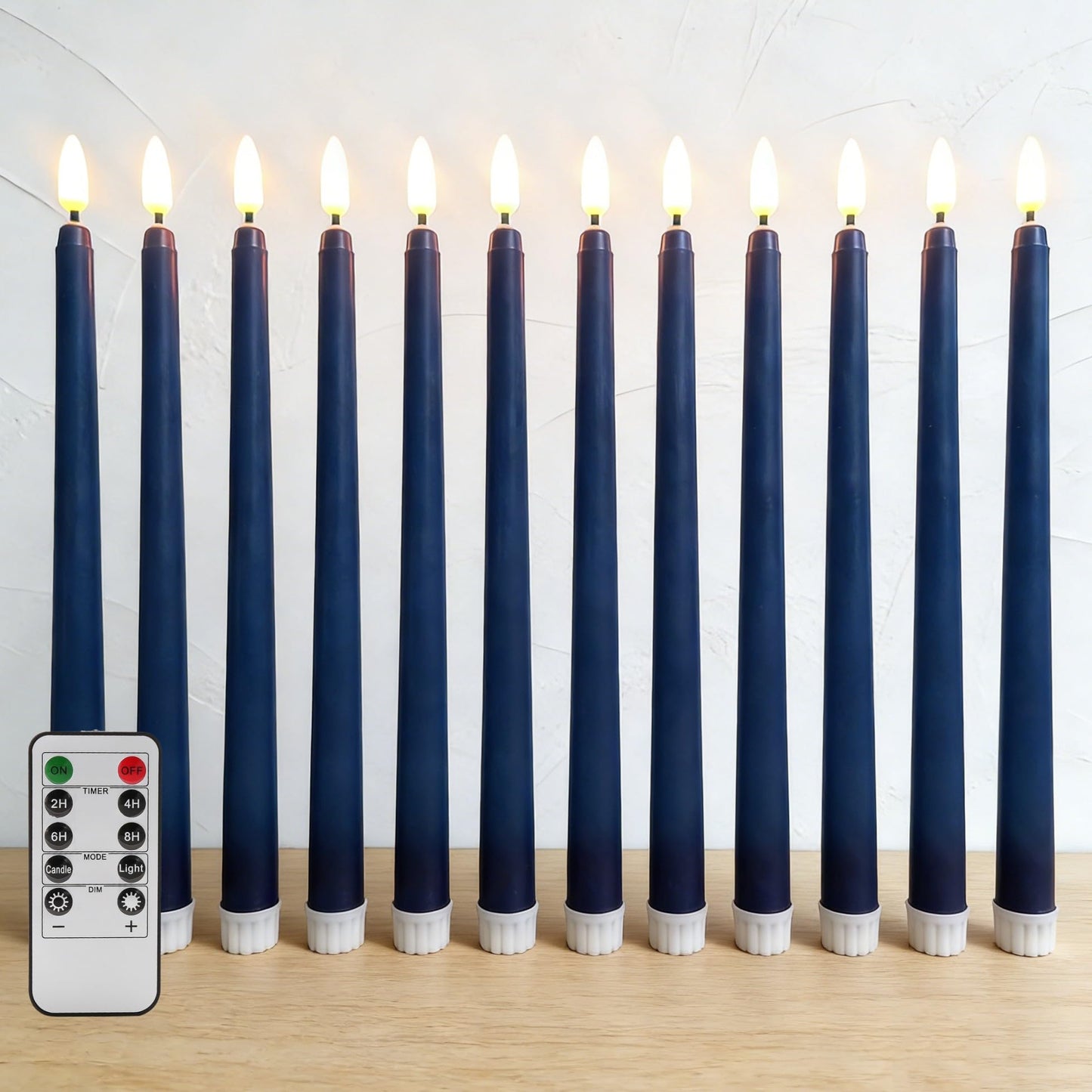 Ni-JASW Navy Blue Flameless Taper Candles with Remote Timer, Flickering Battery Operated LED Candlesticks Home Decor Set of 12