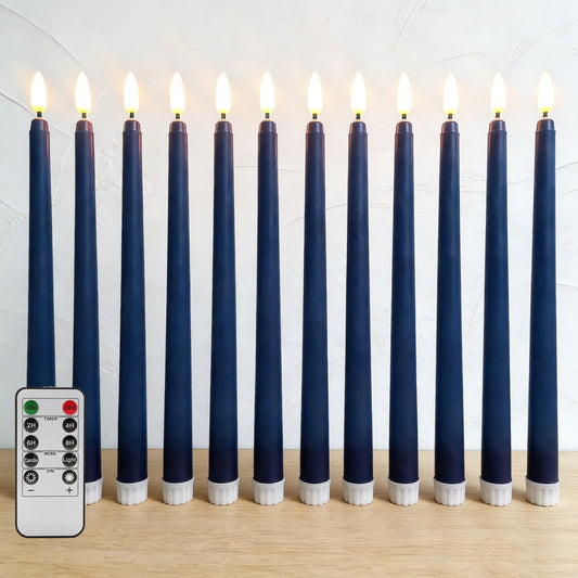 Ni-JASW Navy Blue Flameless Taper Candles with Remote Timer, Flickering Battery Operated LED Candlesticks Home Decor Set of 12