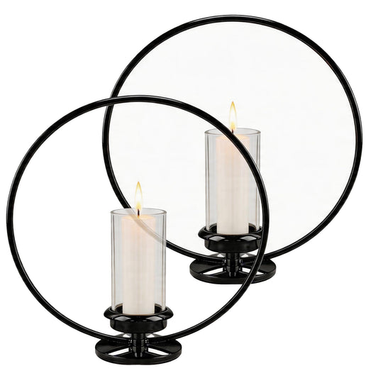 HiSnug Hurricane Candle Holders Set - Circular Metal Candlestick Holders with Glass Sleeve, 2PCS Simple Decorative Candleholder for Dining Table Centerpiece Shelf Home Decor, 2PCS, L+L, Black
