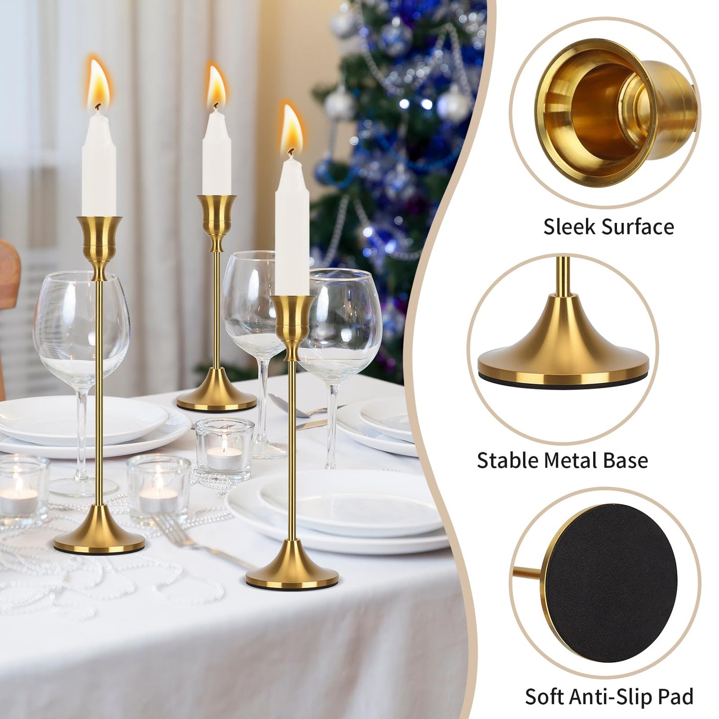 Candlestick Holders Taper Candle Holders, Candle Stick Holders Set of 3, Brass Gold Candlestick Holder, Candle Holder for Wedding Party Dining