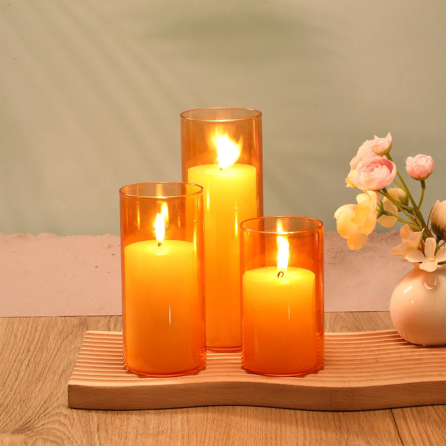 Shihanee Set of 6 Pillar Candles and Glass Cylinder Vases Clear Cylinder CandleHolders for Slim Tall Pillar Candles Wedding Centerpieces(2.8'' X 4.7", 5.9", 7.9",Orange)