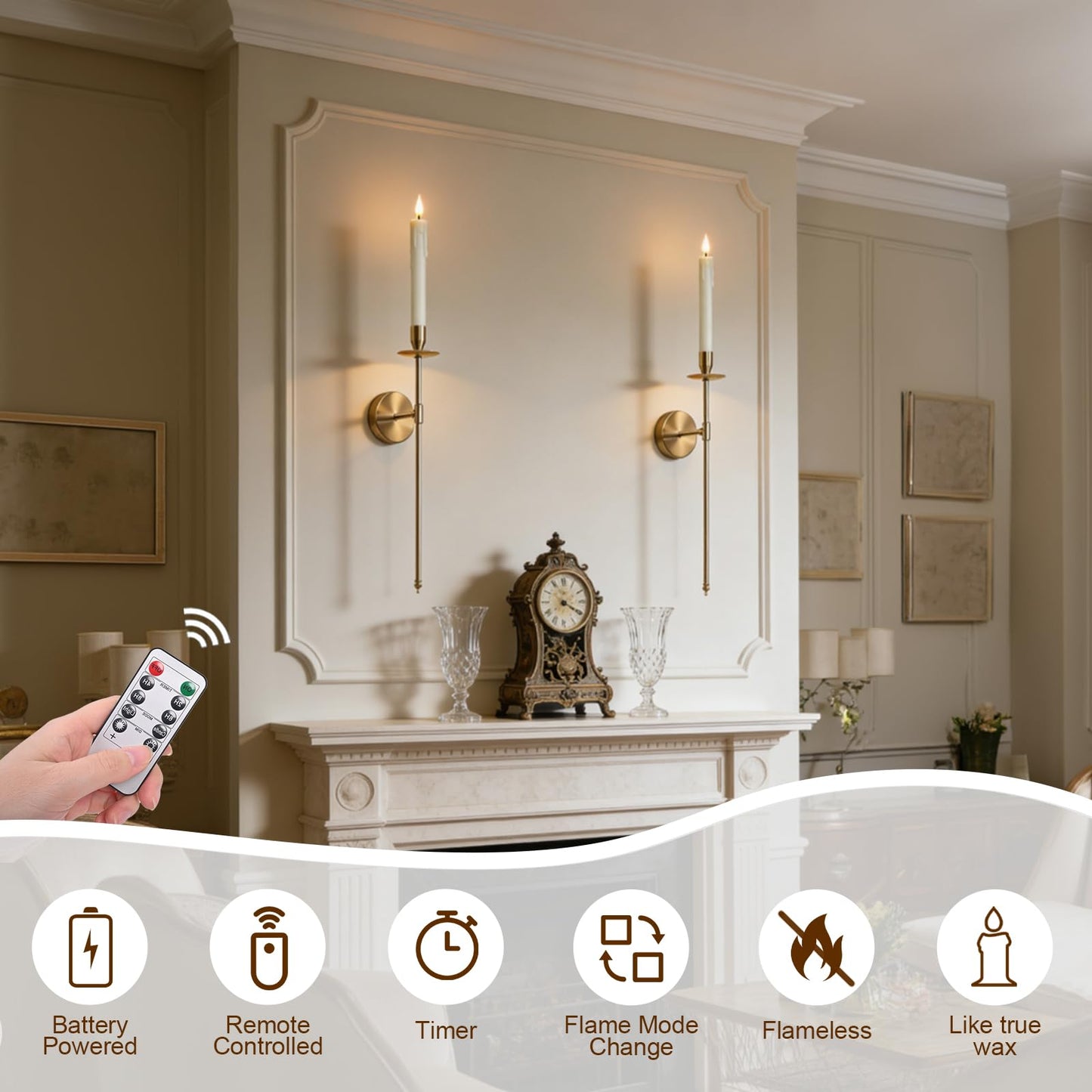 Yollzey Candle Holder Wall Sconces Set of 2 with Battery Operated Candles and Remote Control, Wall Sconces Home Decor, Battery Candles Candle Sticks Holder with Flameless Flickering Taper Timer Gold