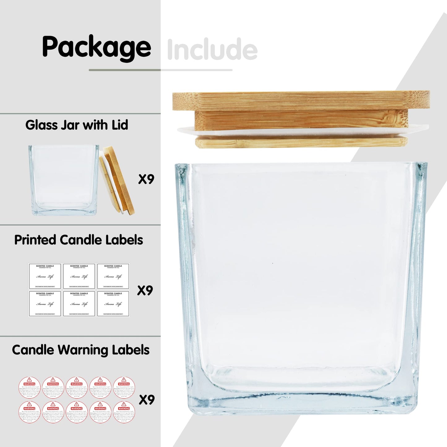Creahaus 9-Pack Thick Glass Square Candle Jars with Bamboo Lids - 10oz Capacity with Warning Labels - DIY Candle Vessels