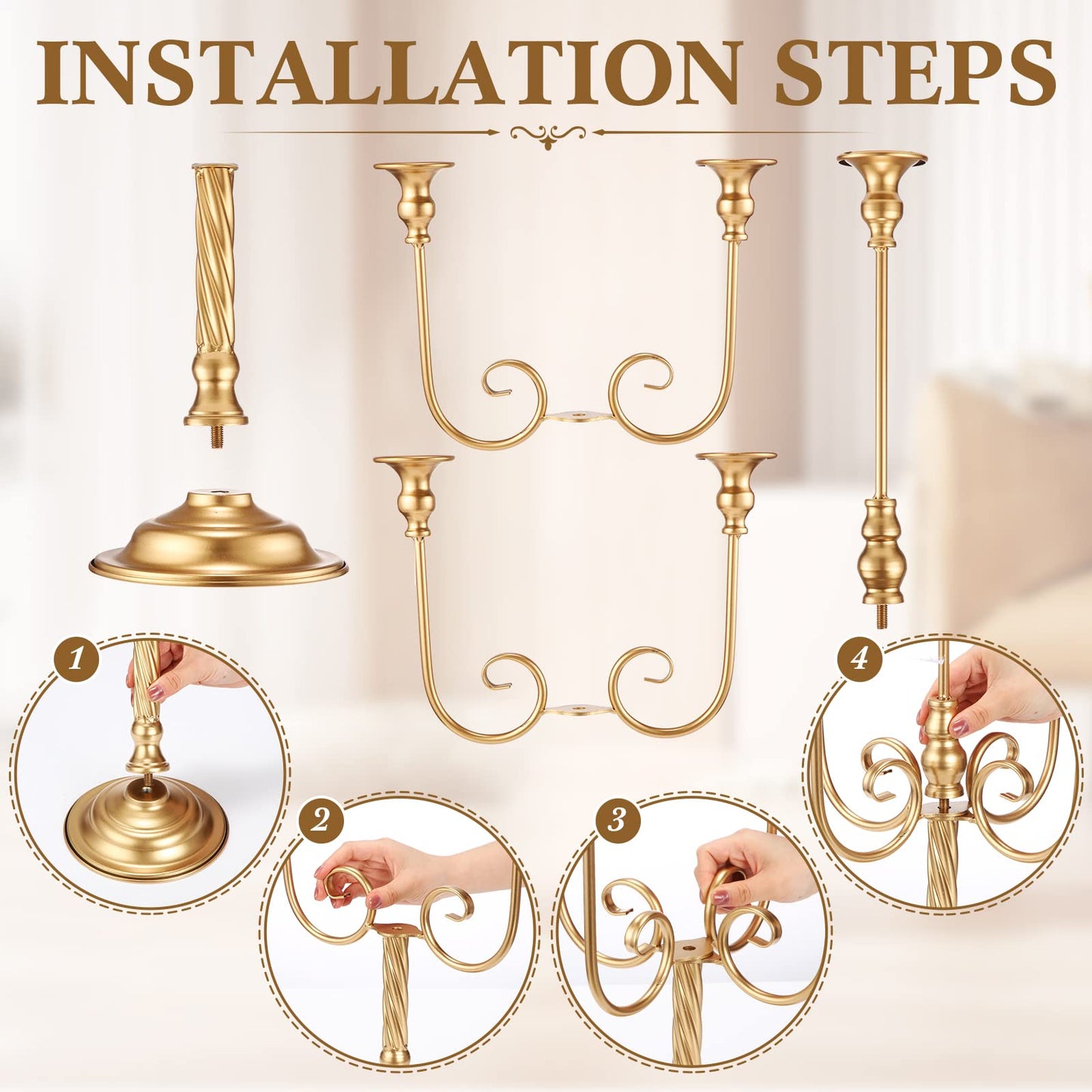 Rtteri 6 Pcs Gold Candelabra Candlestick Holder Metal Candle Stand Candelabra for Taper Candles Table Centerpieces Wedding Christmas Holiday Birthday Party (9.45 x 9.45 x 19.7 Inch,5 Arm)