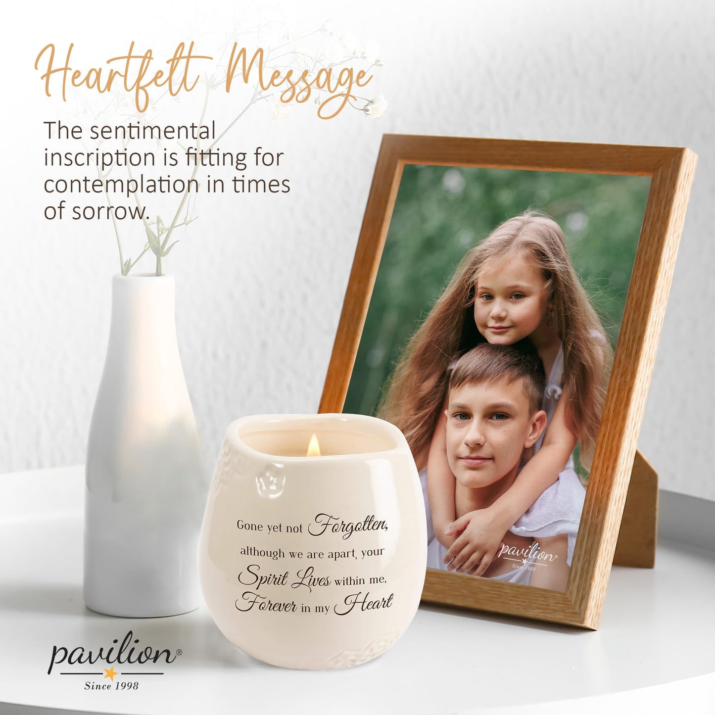 Pavilion - 8 Oz Candle Holder - White Ceramic Candle Jar with 100% Soy Wax Candle Tranquility Scent Gone Yet Not Forgotten Ideal Remembrance Gift for Love One Who Passed - Printed Text & Love Theme