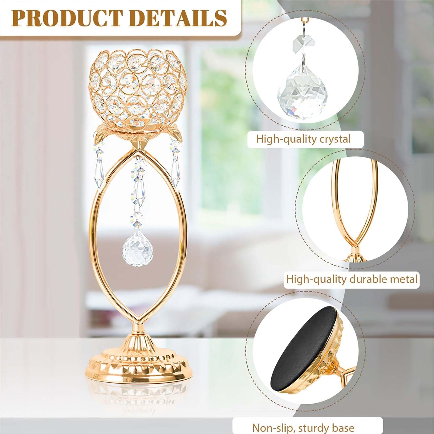 kehail 2 Pcs Gold Elegant Metal Crystal Tea Light Candle Holders with Bling Crystal Pendants, Hollow Design - Wedding Table Centerpieces for Anniversary Birthday Party, Home Decor