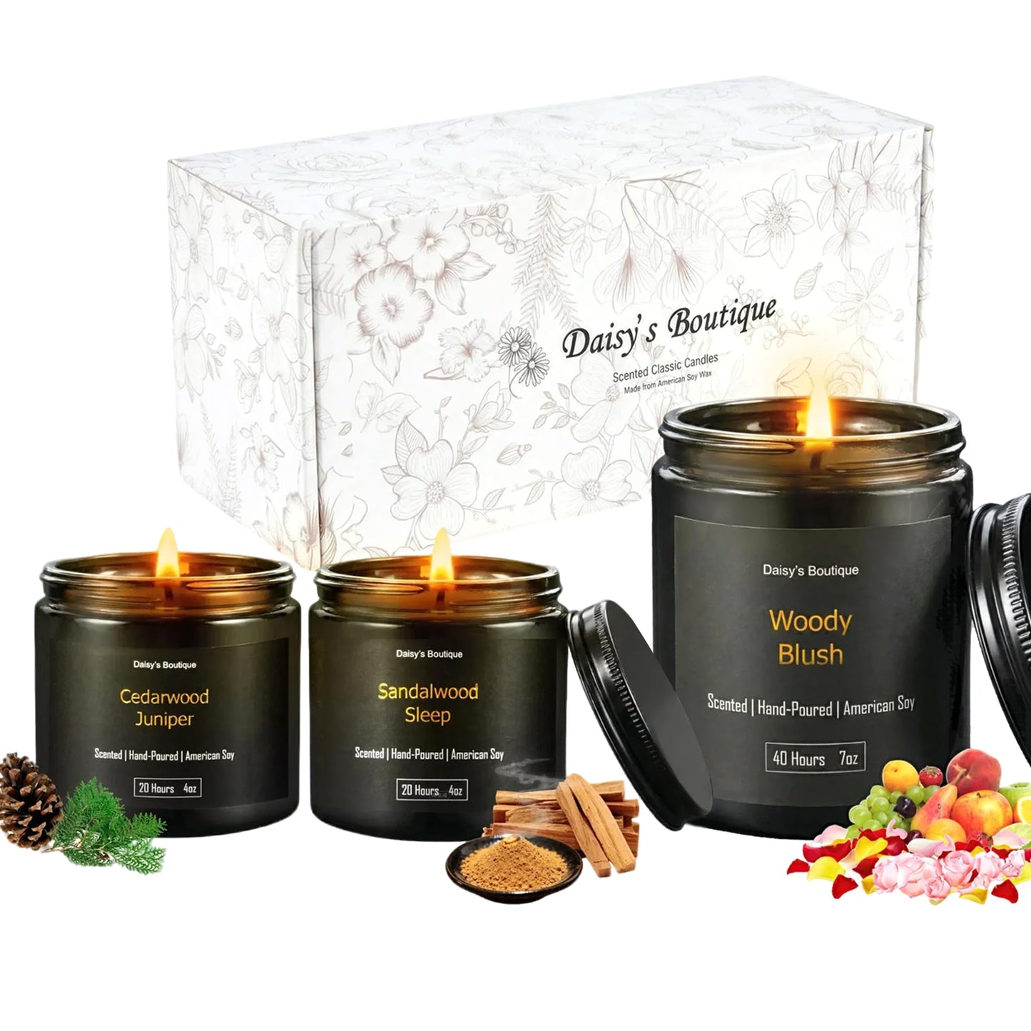 3 Pack Scented Candles for Home Aromatherapy Candle Gift Set Soy Wax Long Lasting Gift Birthday Mother's Thanksgiving Day Present (Black Jar (Sandalwood + Woody Blush + BlackCedarJuniper))