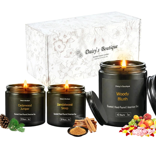 3 Pack Scented Candles for Home Aromatherapy Candle Gift Set Soy Wax Long Lasting Gift Birthday Mother's Thanksgiving Day Present (Black Jar (Sandalwood + Woody Blush + BlackCedarJuniper))