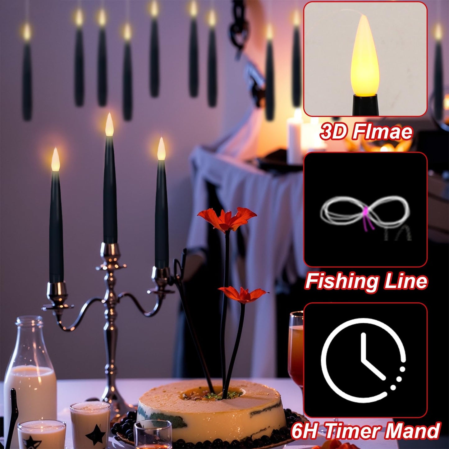 KunSwenn Black Floating Candles with Wand, Set of 22 Hanging Candles with Fishing Line, LED Flameless Halloween Taper Candle Battery Operated, Floating Halloween Decorations for Spooky Home Decor