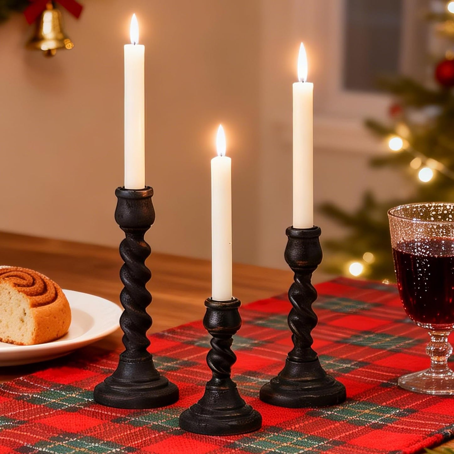 Candlestick Holders, 3 Pcs Rustic Black Candle Holder for Pillar Candles, 100% Solid Wood Decorative Candle Holders Distressed Wooden Farmhouse Candle Holder Large for Fireplace Table