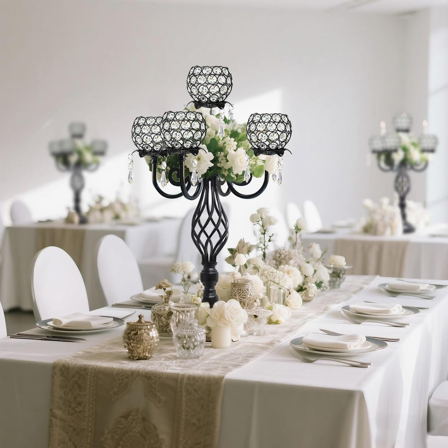 Kehail 5-Arm Crystal Candelabra Centerpiece 23.2" Tall - Elegant Candle Holder Stand with Crystal Bowl, Chic Table Decor for Weddings, Parties, Anniversary & Home Decoration (4, Black)