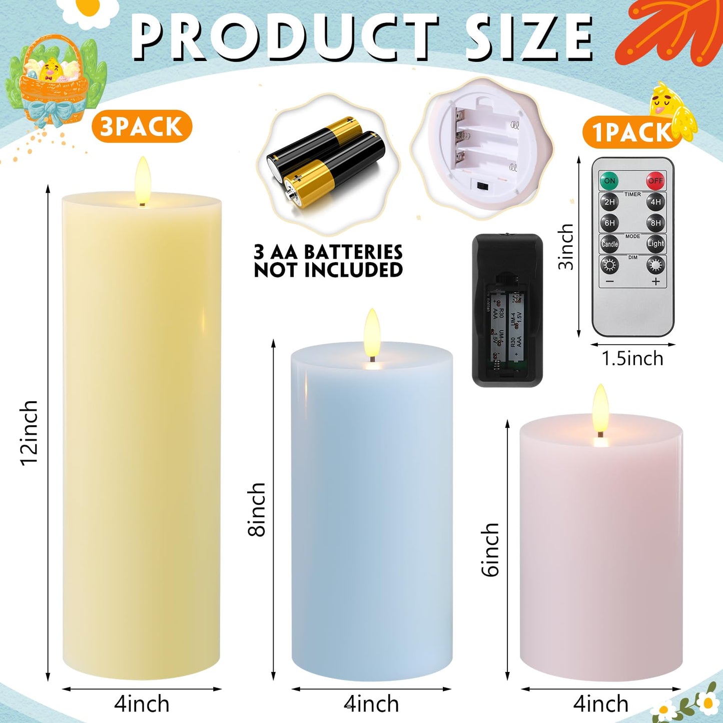 Retisee 3 Pcs Easter Large Flameless LED Battery Operated Candles with Remote and Timer Real Wax Candles for Indoor Outdoor Party Wedding Lights Decorations, Yellow, Pink, Blue