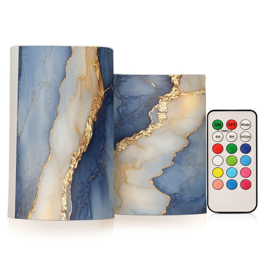 Flameless Pillar Candles Battery Operated Led Flameless Candles for Decorations Marble Navy Blue Beige