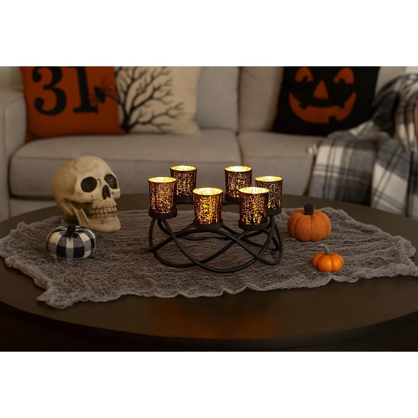 Seraphic Centerpieces for Halloween Table Decorations - Round Candle Holders for Outdoor Patio, Dining, Kitchen, Coffee & Wedding Table Decor, Black Iron Candelabra, 6 Black Glass Votive Tealight Cups