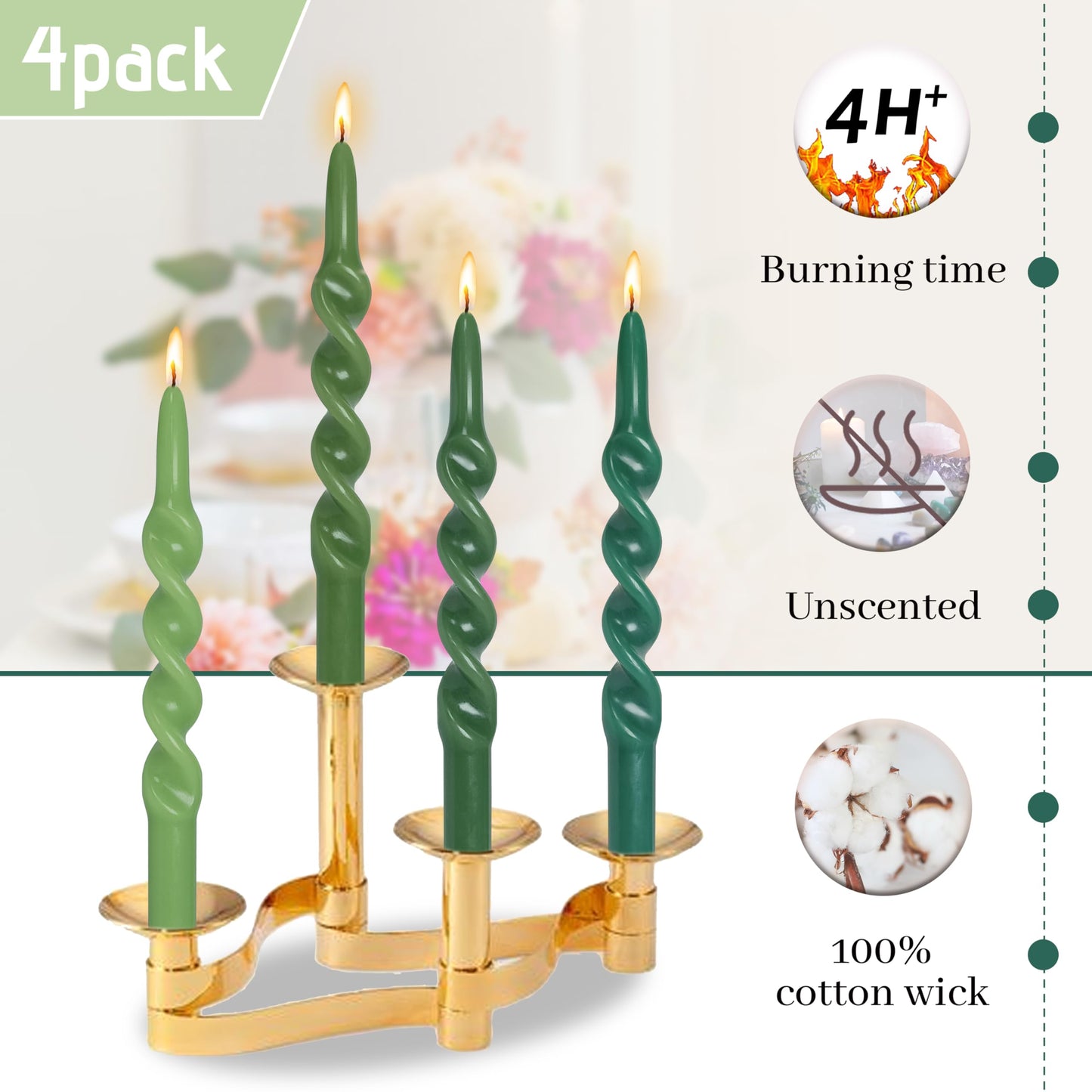 BALEAGCDL Unscented Twisted Taper Candle Gradient Green Spiral Candlesticks 10 Inch Handmade Smokeless Dinner Long Candles Set for Holiday Wedding Party Gift Home Decoration