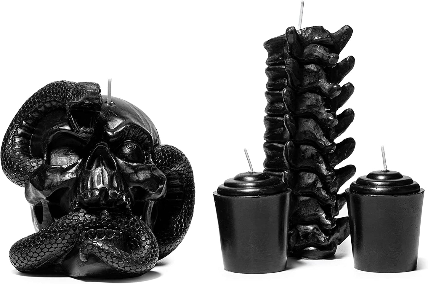 Skull & Spine Candles 4 Pack - Skeleton Snake, Spine & Black Bones Candle, Skulls, Magic Skulls Candlestick Spooky Gothic Emo Decor, Home & Bar Decoration, Large Creepy Skeletons Decorations