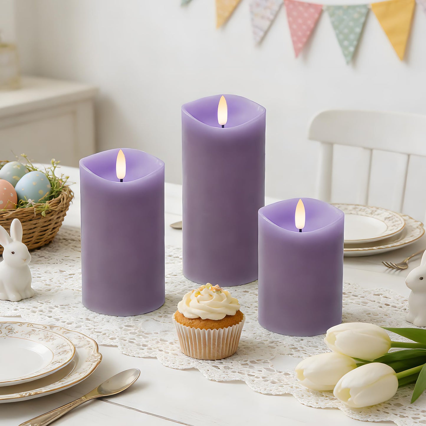 Velsyn Purple Flameless Candles with Remote and Timer, Real Wax Made LED Pillar Candles Battery Operated with 3D Flickering Flame Melted Edge, 3" x 4",5",6", Set of 3 (Pastel Purple)