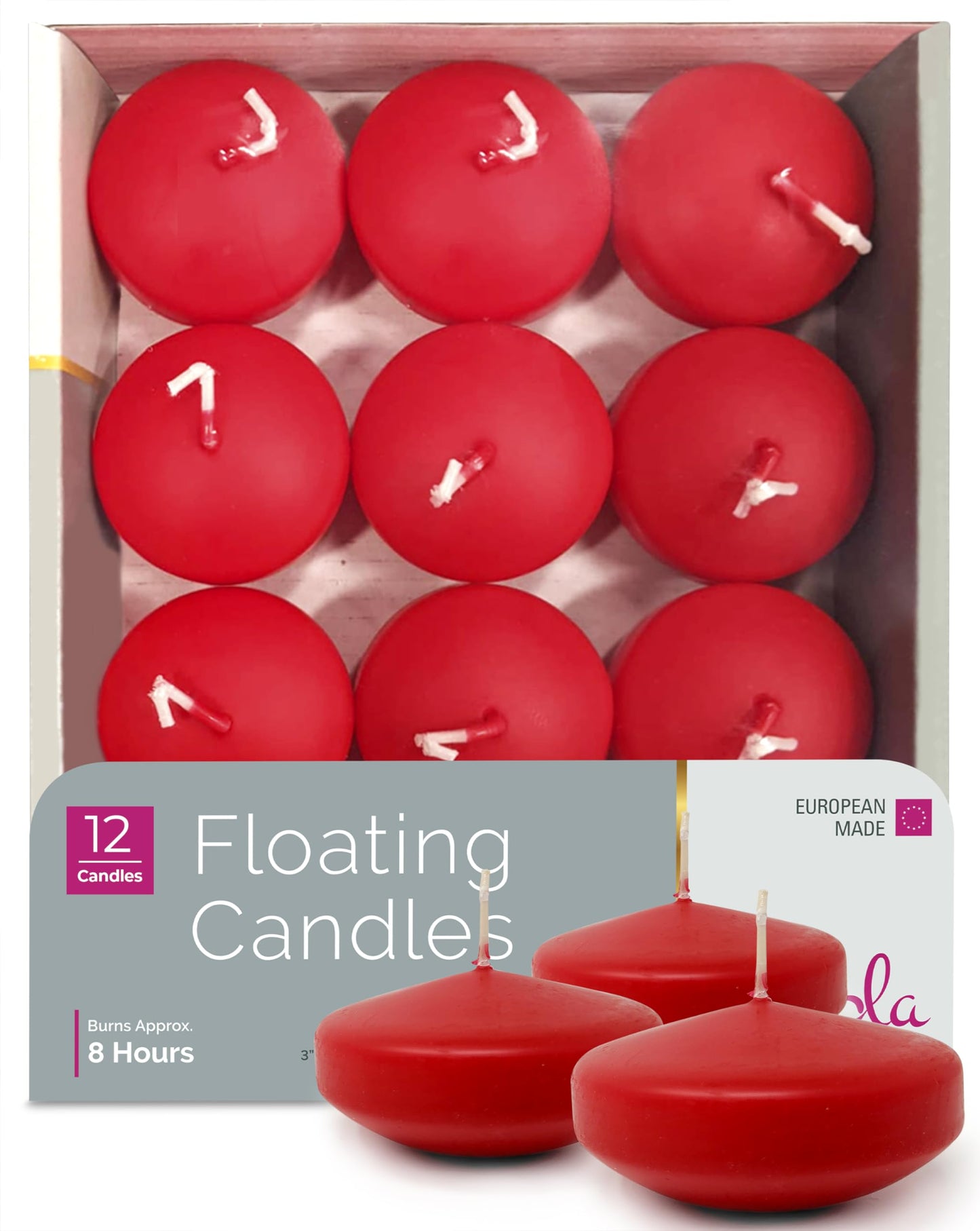 Hyoola Premium Red Floating Candles 3 Inch - 8 Hour - 12 Pack - European Made