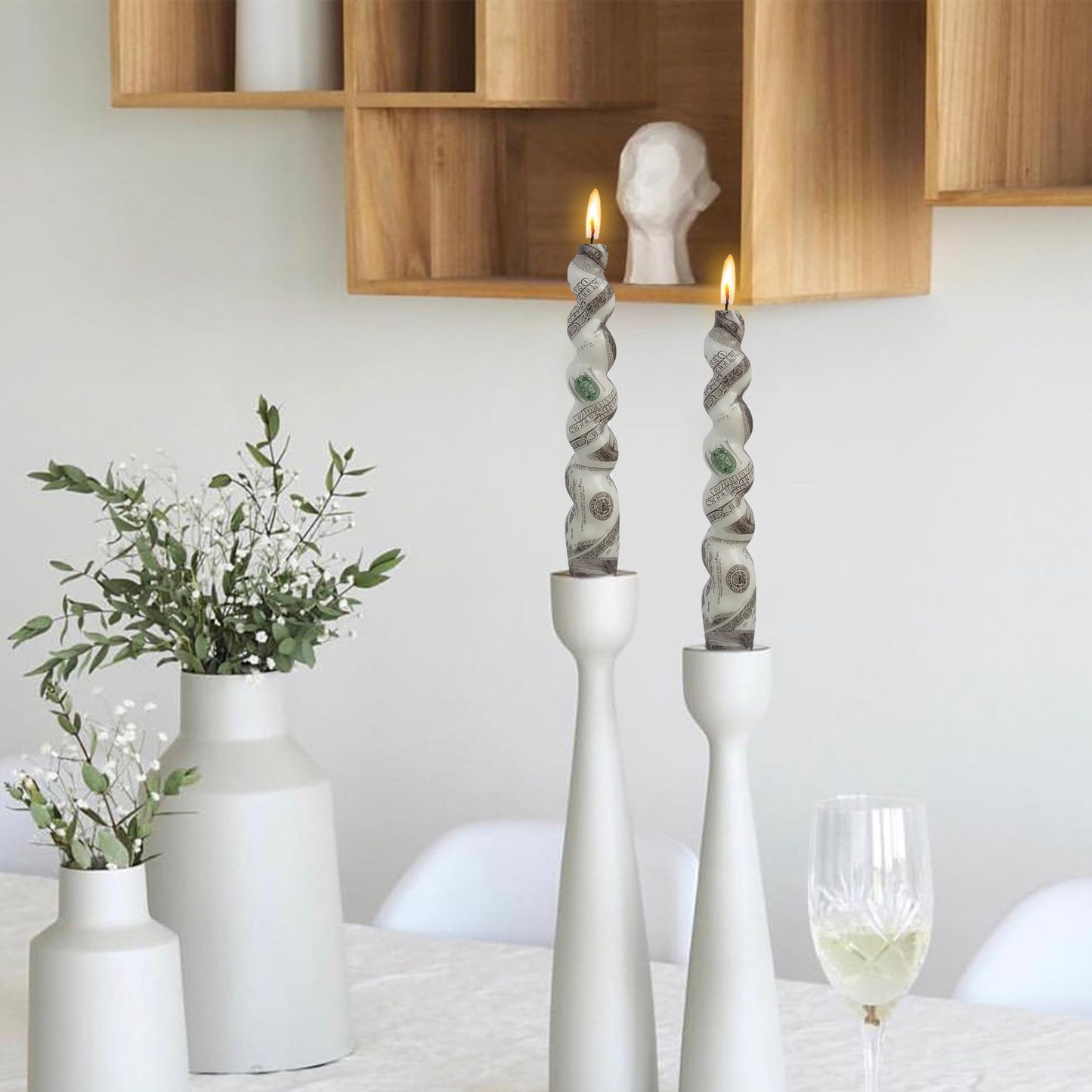 Dollar Printed Candle Stick Handmade Twisted Smokeless Spiral Candle 7.5 in Twisted Tapered Candles for Home Wedding Dinner Holiday Party（2 Pcs