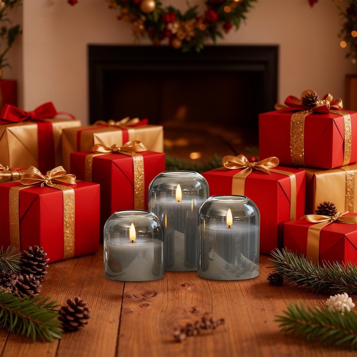 Homemory Glass Flameless Candles, Battery Operated Plliar Candles Realistic Flickering, LED Electric Light with Remote and Timer for Home, Christmas Decoration, Gray, Set of 3