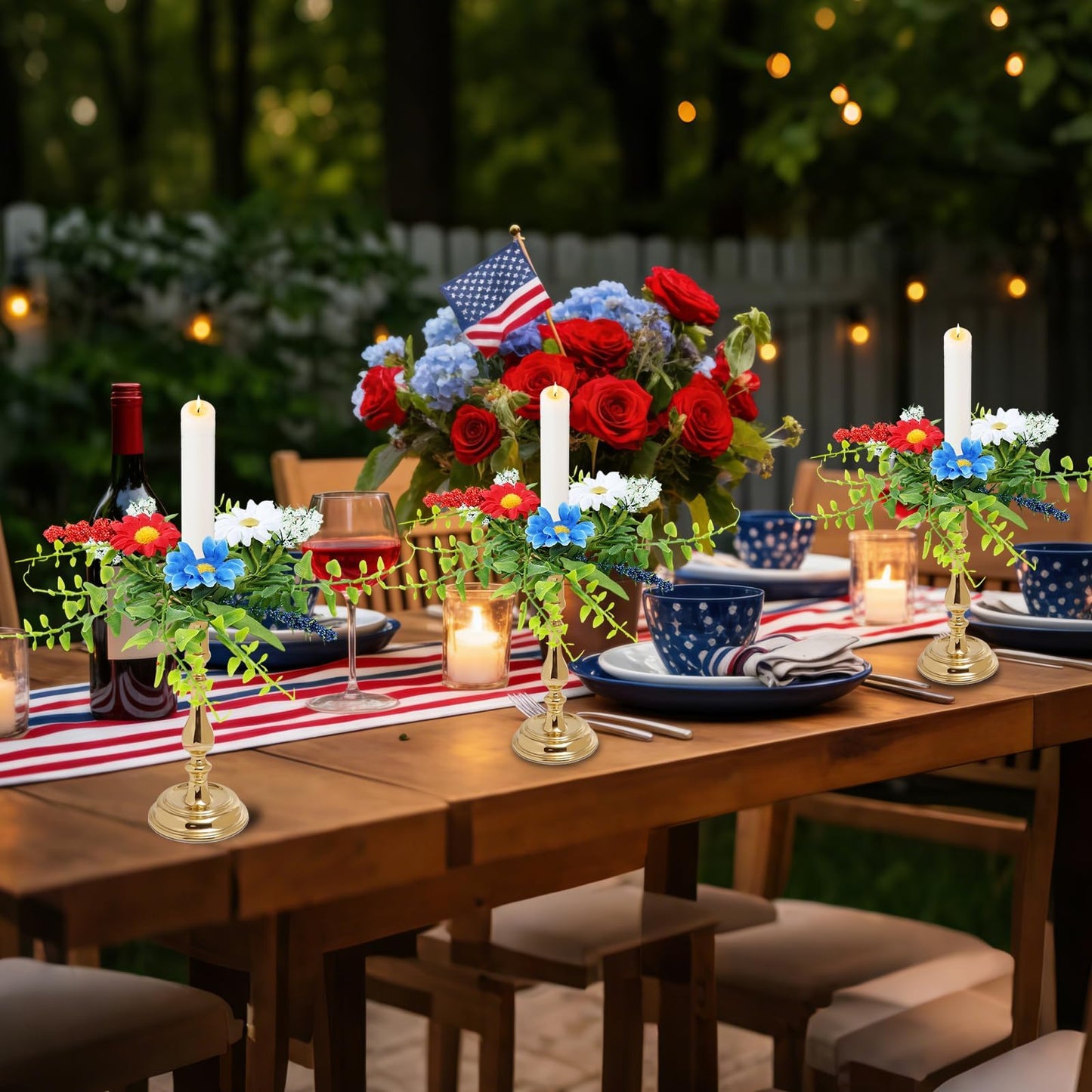 4 PCS Patriotic American Taper Candle Rings Wreaths 1.38" Mini 4th of July Floral Taper Candle Holder with Daisy Artificial Independence Day Table Centerpieces Wreath for Party Home Candlesticks Decor
