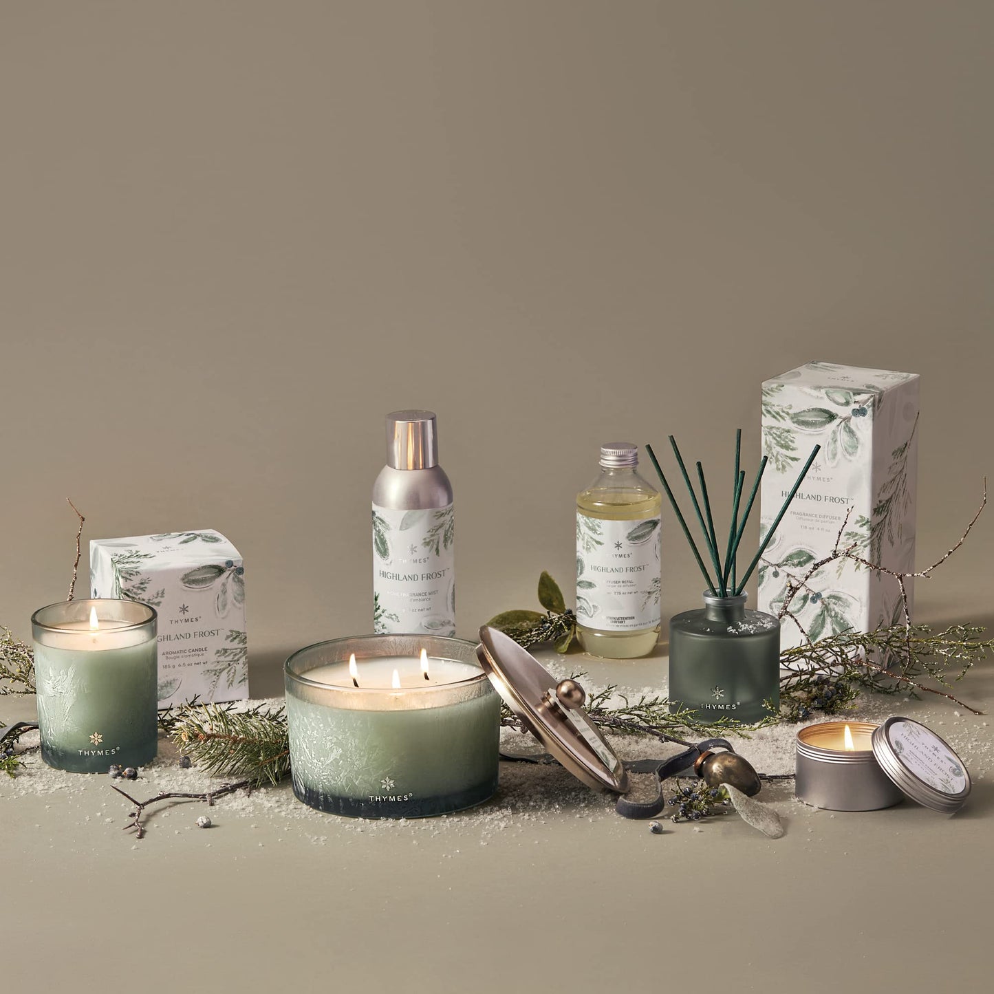Thymes Travel Tin Holiday Candles - Scented Candles for Home Decor - Winter Scents - Luxury Home Fragrance Gifts for Women & Men - Silver (Highland Frost, 2.5 oz)