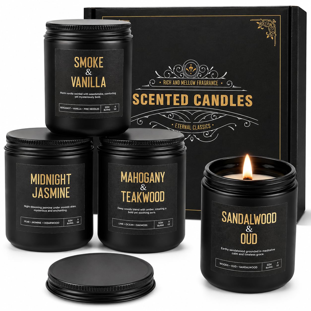 Men's Candle Gift Set, 4 Pack Crackling Wood Wick Soy Scented Candles, 36oz Masculine Aromatherapy Candles for Home, Up to 200H Burn Time, Thoughtful Gift for Fathers, Husbands and Men