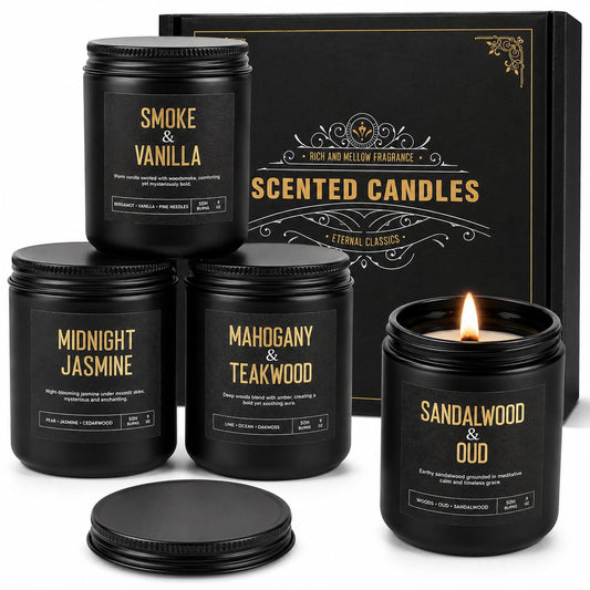 Men's Candle Gift Set, 4 Pack Crackling Wood Wick Soy Scented Candles, 36oz Masculine Aromatherapy Candles for Home, Up to 200H Burn Time, Thoughtful Gift for Fathers, Husbands and Men