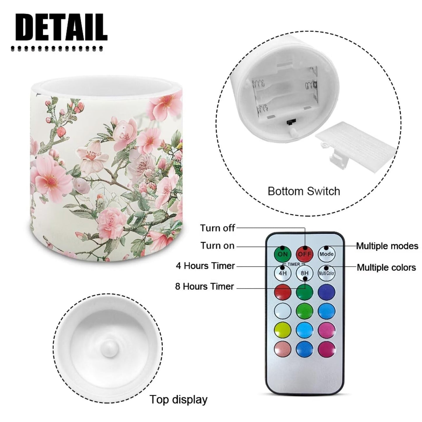 NETILGEN Flickering Flameless Candles with Remote Timer Control Pack of 4 Battery Operated LED Pillar Candles 3 inch Flameless LED Candles Pink Flowers Print