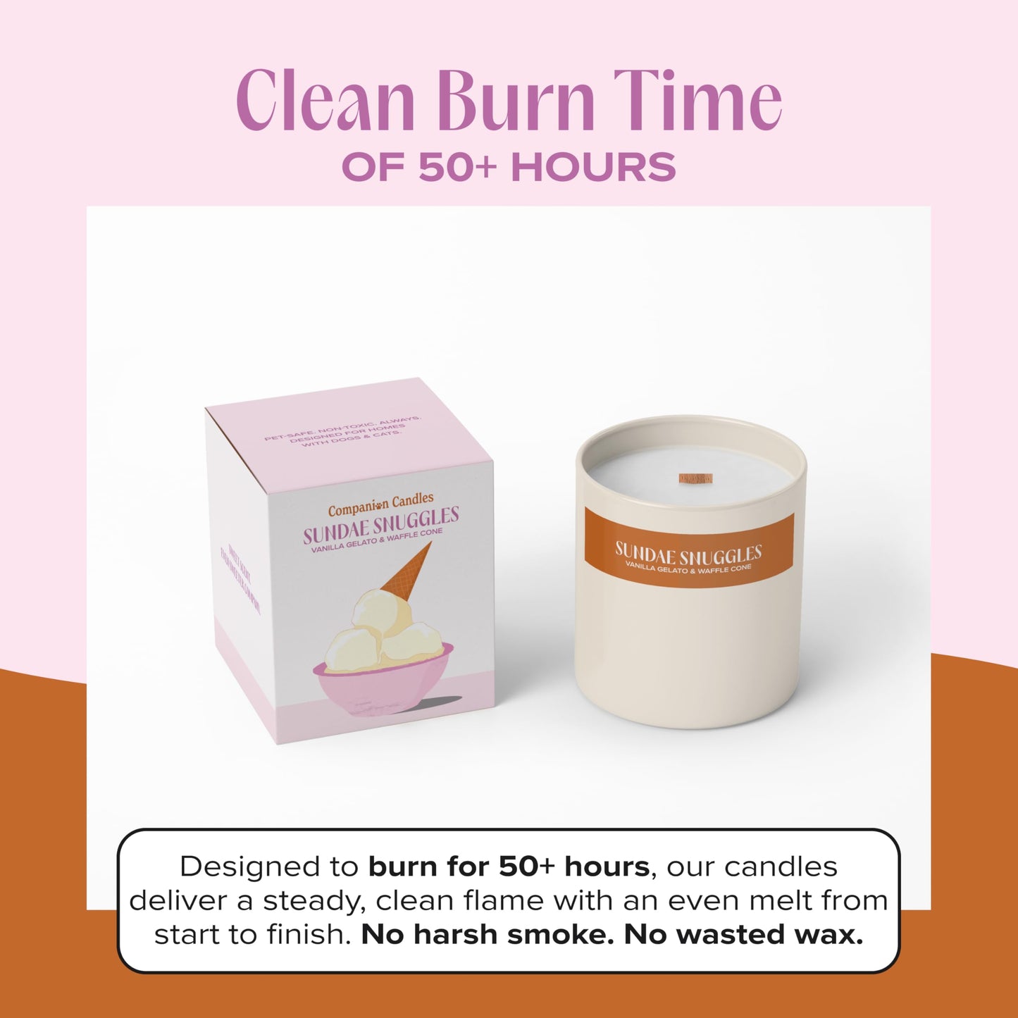 Companion Candles Sundae Snuggles Pet-Friendly Scented Candle – Vanilla Gelato & Waffle Cone Fragrance - Coconut Soy Wax Candle with Wooden Wick, Approx. 50-Hour Burn Time, Made in USA, 8 oz