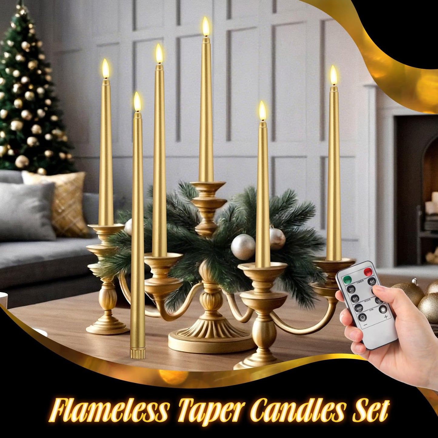 Rossesay 28 Pcs Flameless Taper Candles with Timer Remote 4 Sizes of 8.5", 9.6", 10.83", 12.8" LED Flickering Taper Candles Battery Operated for Valentine's Day Church Wedding Home Decor(Gold)