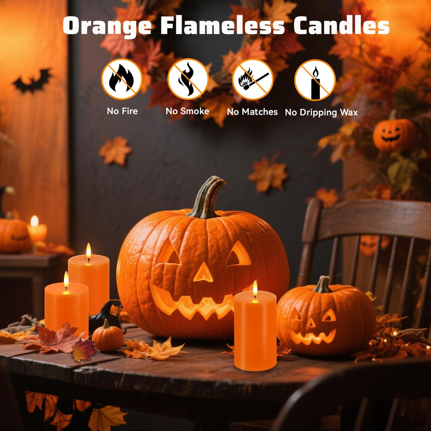 VEEKI Orange Flameless Candles, Set of 3 Flickering LED Candles with Remote & Timer, Dimmable Real Wax Pillar Candles Battery Operated, Electric Candles for Fall Thanksgiving Halloween Decor (Orange)
