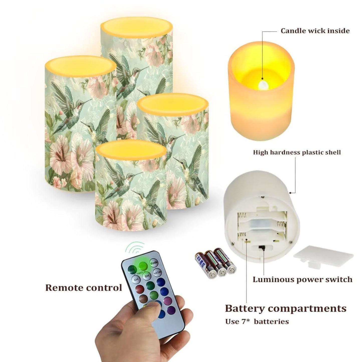 Merkmak 4Pcs Flameless Candles with Remote and Timers Flickering Battery Operated Candles Outdoor Flameless LED Pillar Lights for Beach Wedding Coastal Home Decorations, Floral Hummingbird