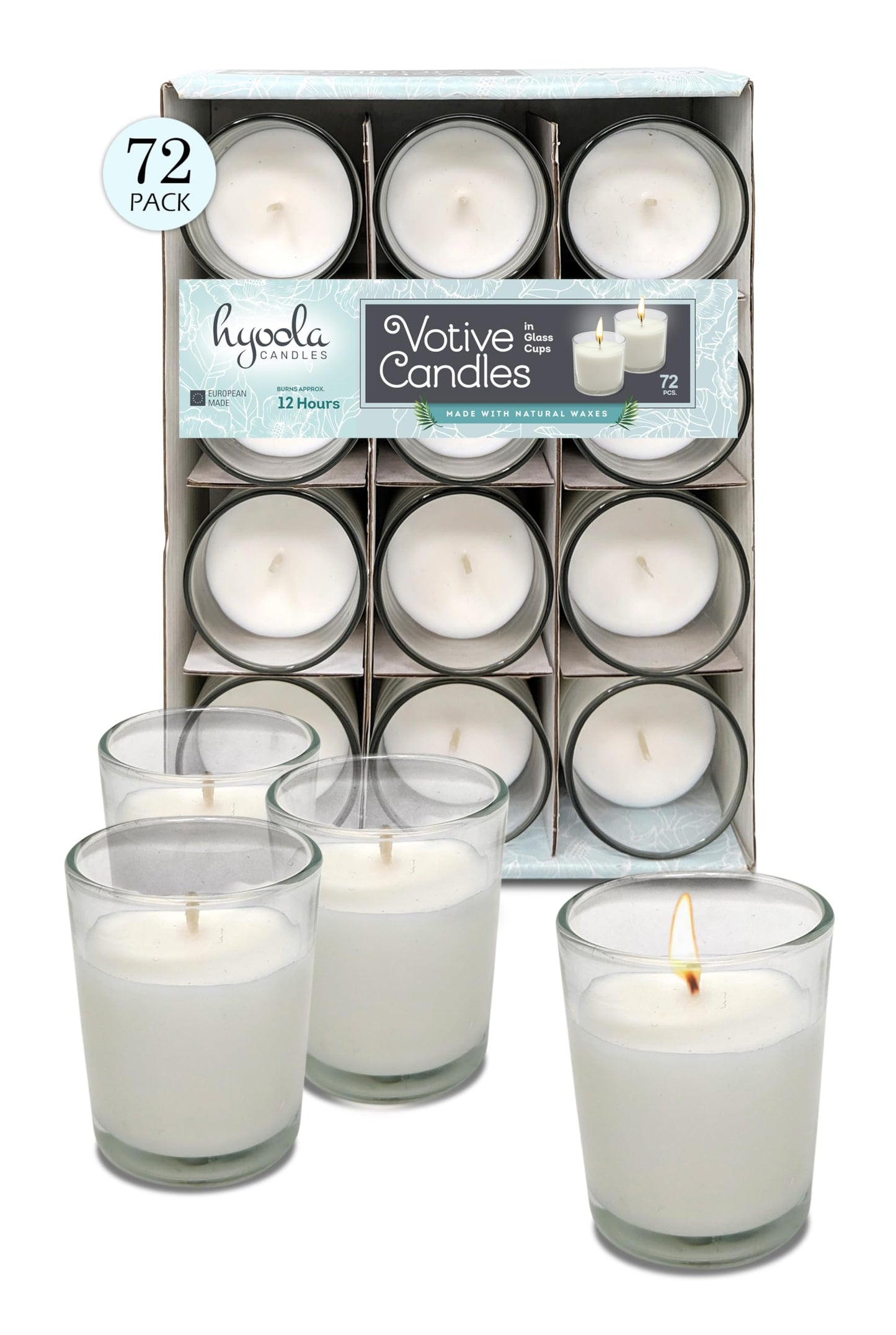 Hyoola White Votive Candles in Glass - Pack of 72 Votive Candle - 12 Hour Burn Time - Unscented Votive Candles - European Made Glass Votives