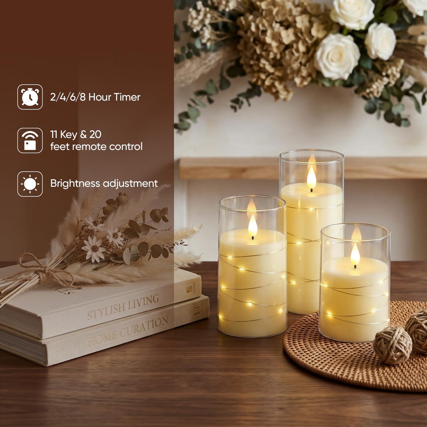 Amagic LED Flameless Candles, Battery Operated Candles with Embedded Fairy Lights, Acrylic Fake Candles with Remote and Timer for Wedding Home Decor, Ivory White, Set of 6, D3 x H4 5" 6"