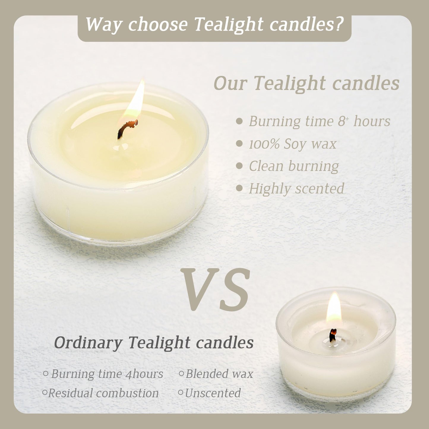 Vanilla Scented Tealight Candles 6Pcs, Natural Soy Tea Lights Candle - 8 Hour Long Burning with Essential Oil for Home Decor, Dinner, Weddings, Party