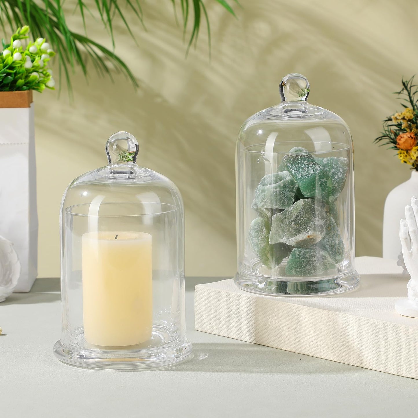 EXCEART Glass Cloche 2 Sets Clear Glass Dome Candle Glass Jar Cloche Dome Bell Jar Candle Cover Display Wedding Decoration Ornament Clear