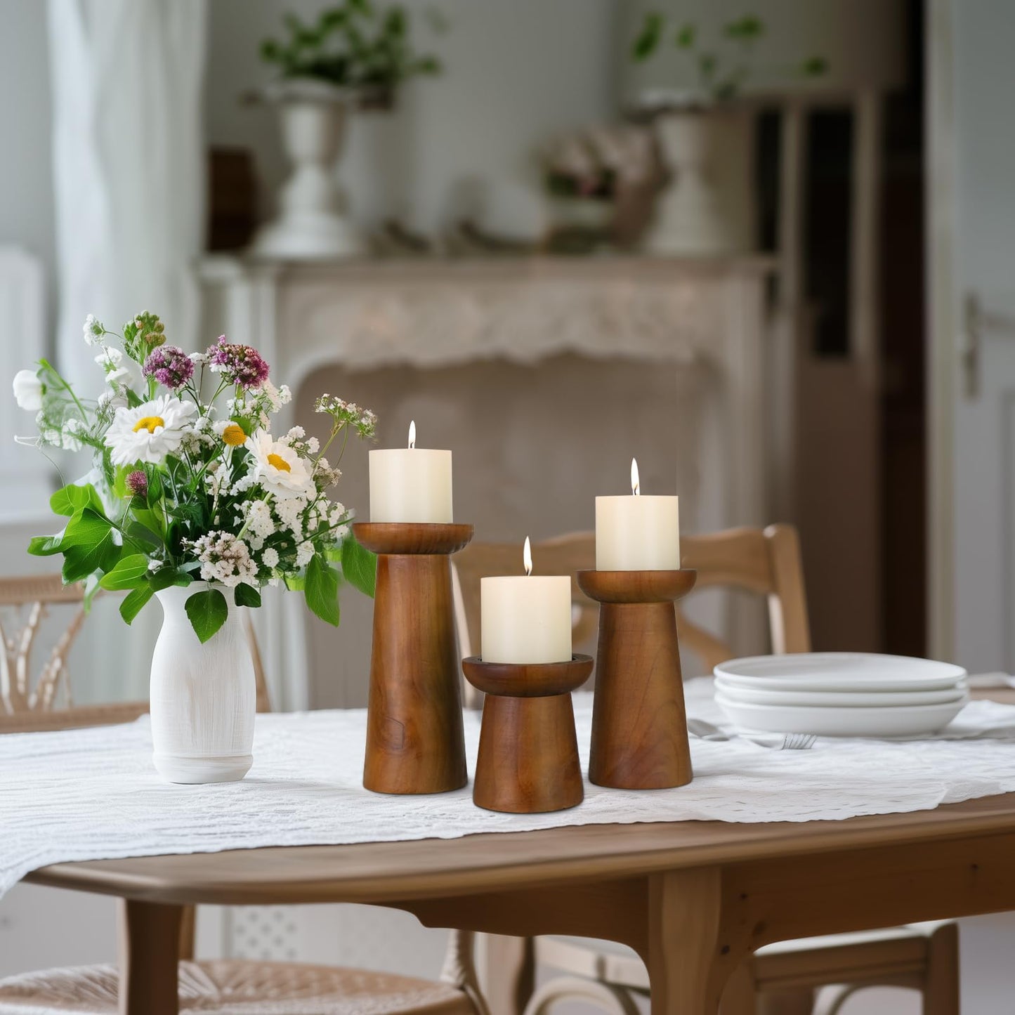 Pillar Candle Holders Set of 3， Wooden Candle Holders， Decorative Wood Candlestick Holders for Living Room, Table Centerpiece for Wedding, Christmas, Party, Home - 4", 6", 8"