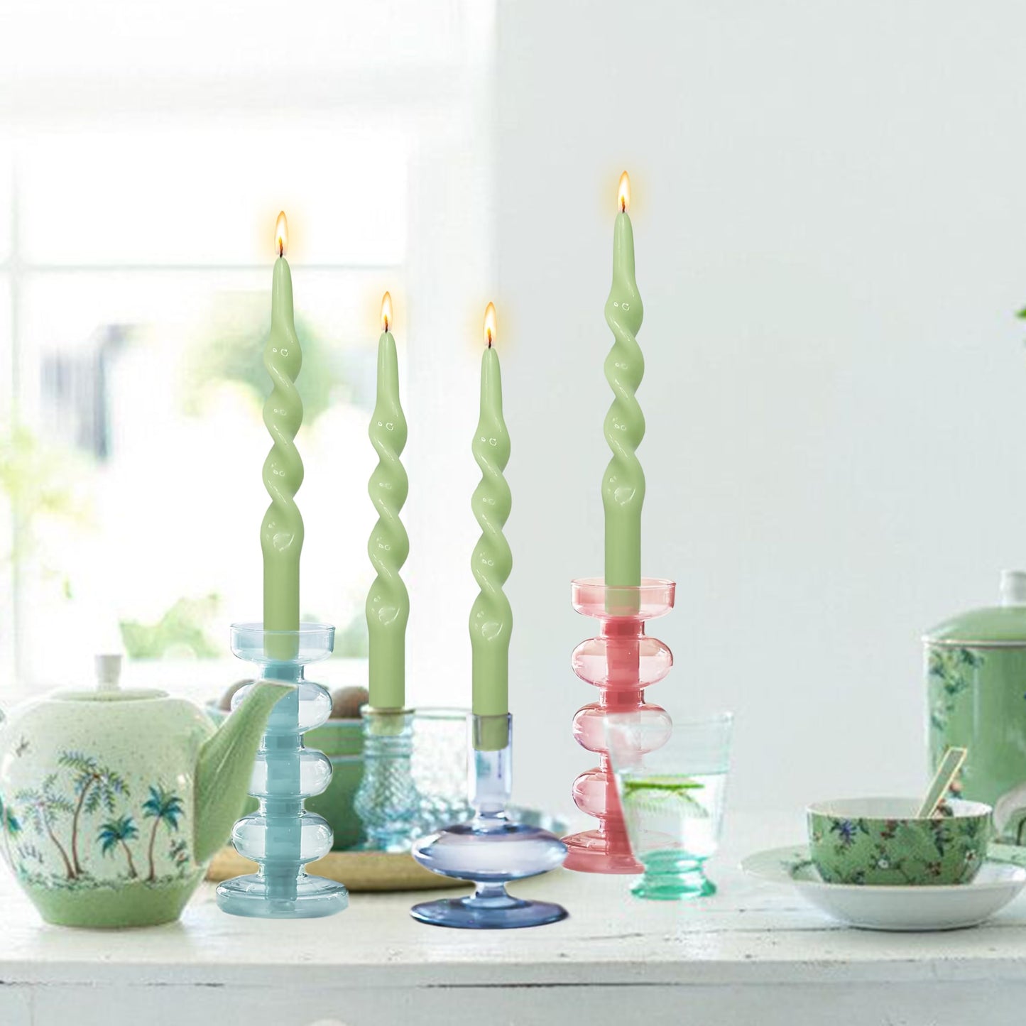 BALEAGCDL Twisted Taper Candle Green Spiral Candlesticks 10 Inch Unscented Handmade Smokeless Dinner Candles Set for Holiday Wedding Party Gift Home Decoration