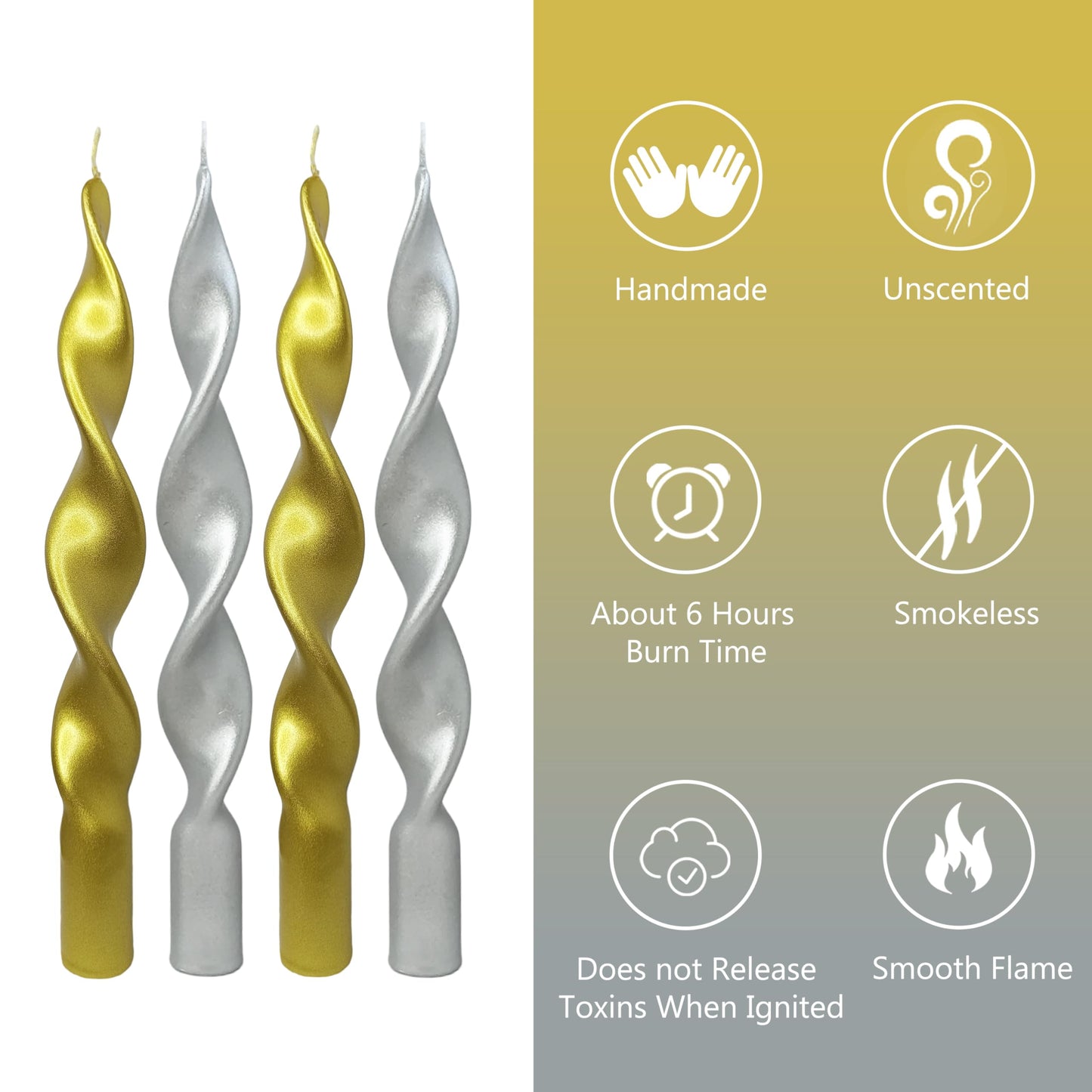 10 Inch Gold & Silver Metallic Spiral Candles Set of 2, Handmade Unscented Taper Candles, Twisted Candles, Elegant Candle Sticks for Wedding Dinner Table Home Decor