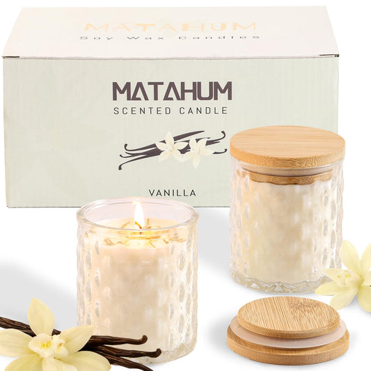 MATAHUM 2 Pack Vanilla Scented Candles for Home Decor, 6.5oz Natural Soy Wax Aromatherapy Jar Candles, Vanilla Candle for Home Scented Relaxing, Birthday Housewarming Giftable for Women Girls and Mom