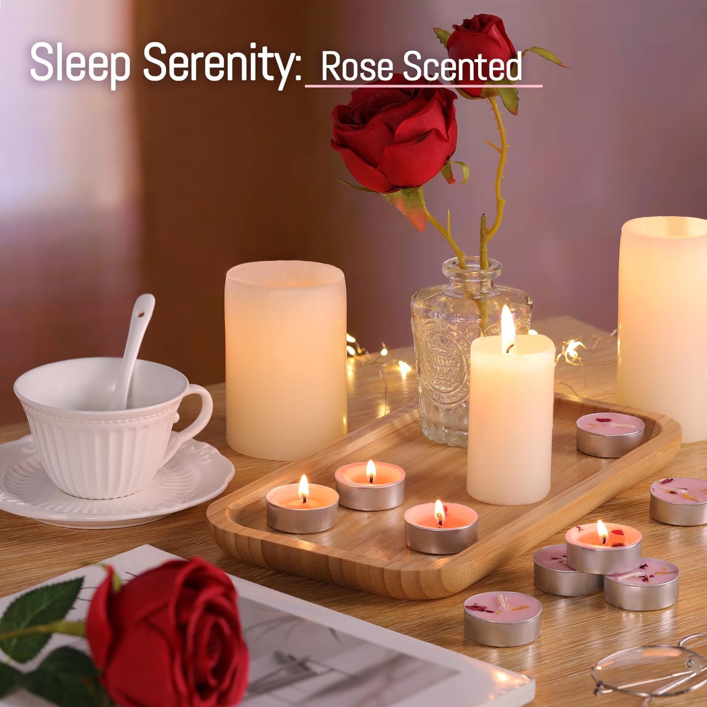 HAVITI 15 Pcs Rose Scented Tealight Candles, Tea Lights Candles, 4H Smokeless Palm Wax Pink Tea Candle for Weddings,Christmas,Spa, Bath