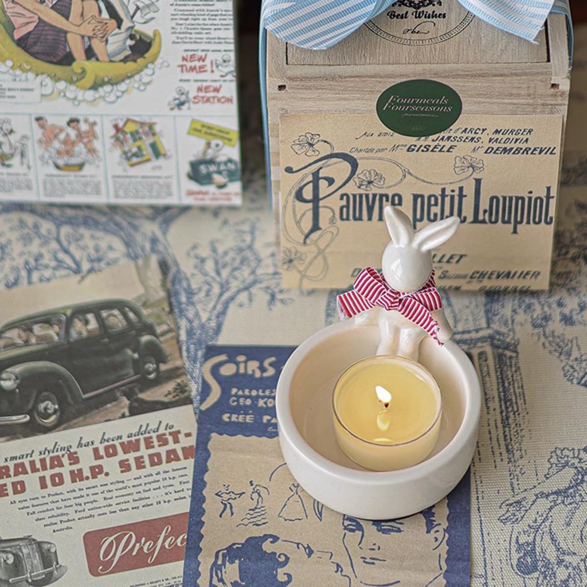WARMCITY Handmade Animal Candle Holder, Lovely Kitten Canlestick Holder, Cartoon Figures Warming Its Paws Cute Light Holder for Candle Lovers- Candle NOT Included (Rabbit White)