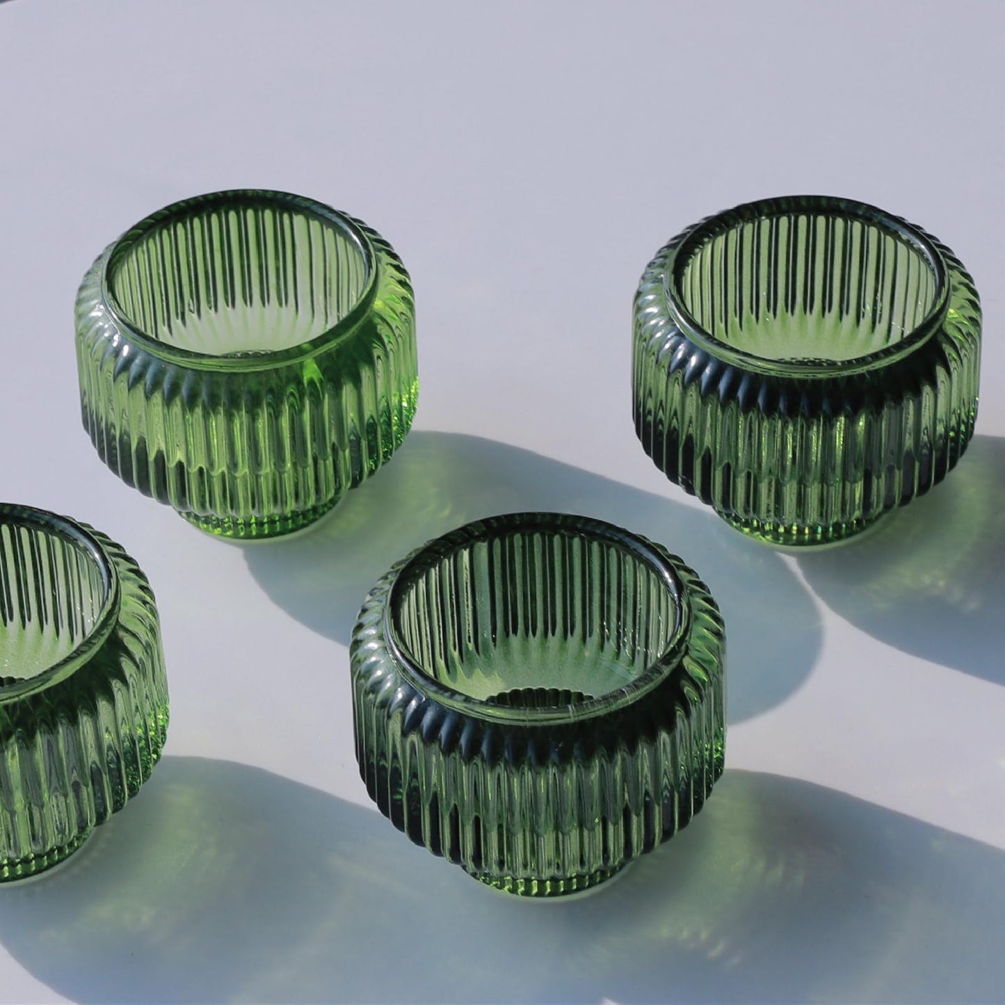 Woho Candlestick Holders Set of 4 for Taper Candles/Tea Lights, Green Ribbed Candle Sticks Holder Decor for Table Centerpiece, Reversible Taper Candle Holders Glass for Christmas Home Decoration