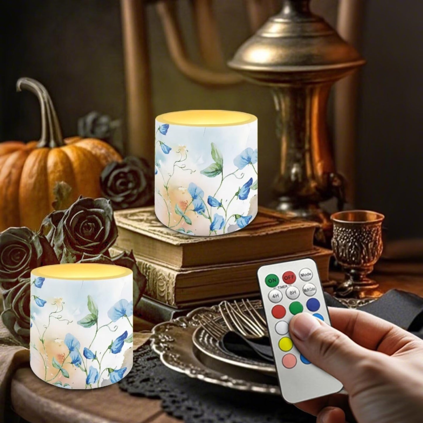 Cozeyat Elegant Leaves Multi Function Flameless Candles 4 Pack Battery Powered with Remote Control Timer LED Pillar Candles Waterproof for Indoor Outdoor Home