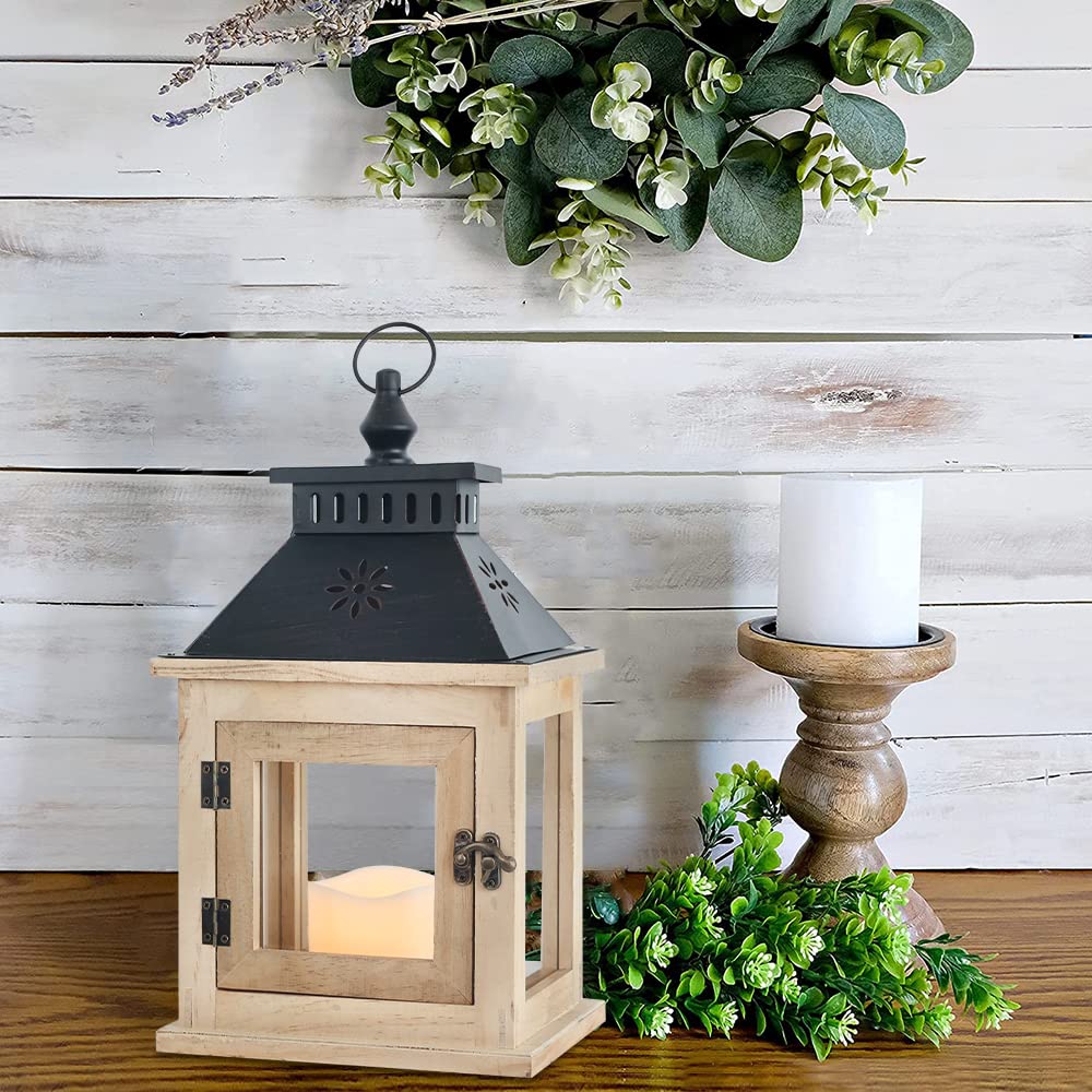 NEEDOMO 13" Farmhouse Decor Wooden Candle Lantern Indoor, Large Table Centerpiece Lanterns Decorative Outdoor, Hanging Rustic Candle Holders for Shelf Wedding Living Room Patio