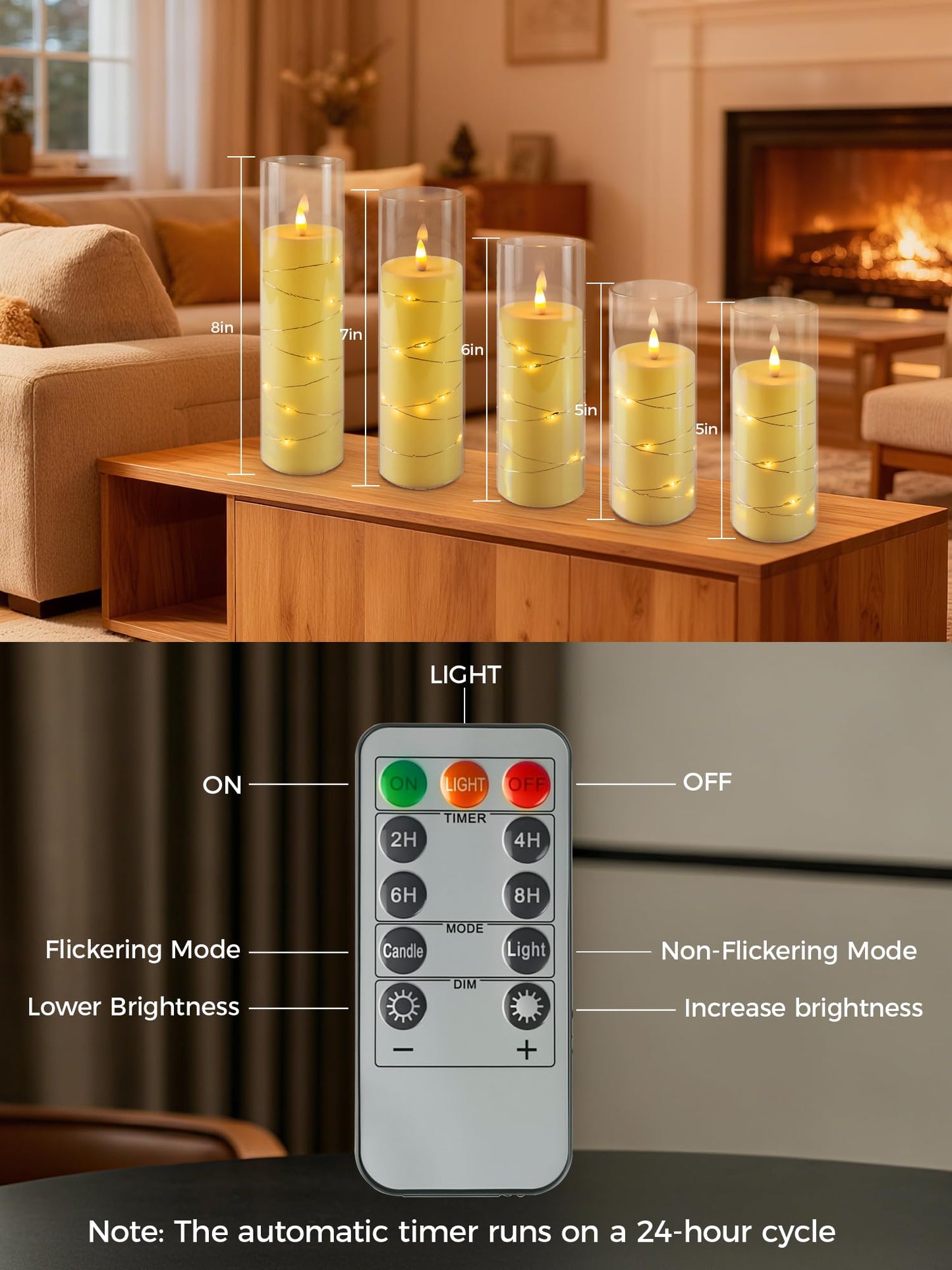 uuffoo 5 Pcs Flameless LED Candles with Timer Remote Flickering Flameless Candles with Embedded Star String, 3D Wick Acrylic Battery Operated LED Pillar Candles for Wedding Party Home Decor