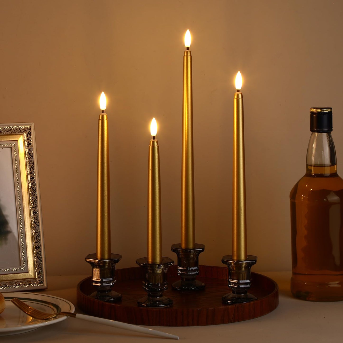 Rossesay 64 Pcs Wedding Flameless LED Taper Candles Battery Operated Candles 4 Sizes of 8.5'', 9.65'', 10.83'', 12.8'' Candlesticks Flickering for Halloween Christmas Church Wedding(Gold)
