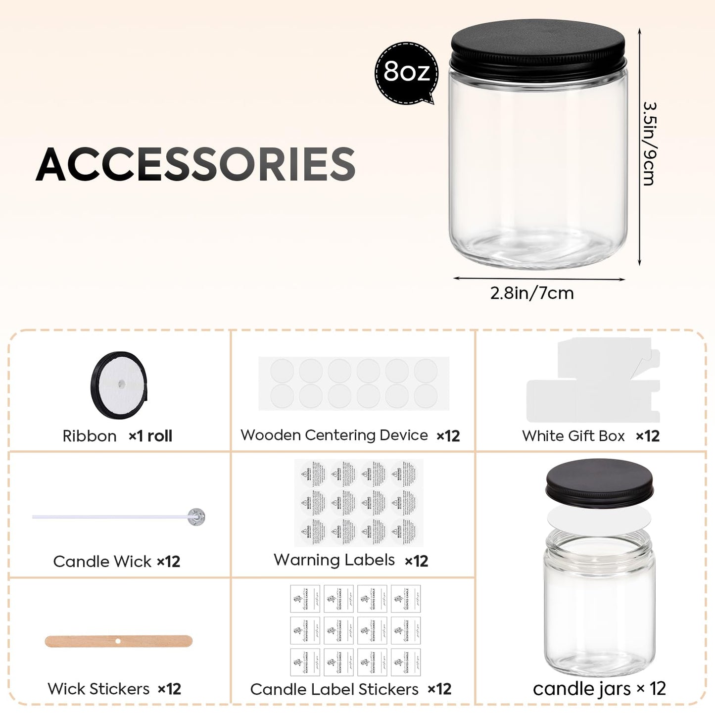 12 Pack 8OZ Glass Jars with Metal Lids, Candle Jars with Candle Making Kits, Labels, Gift Box, Empty Canning Jars, for Food Storage, Spice, Liquid